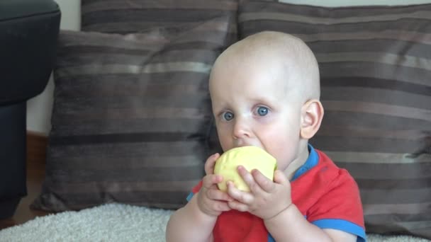 Adorable baby boy face eating something — Stock Video