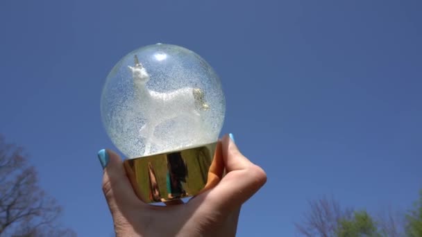 Hand hålla enhörning form leksak i snö boll på blå himmel bakgrund. Gimbal rörelse — Stockvideo