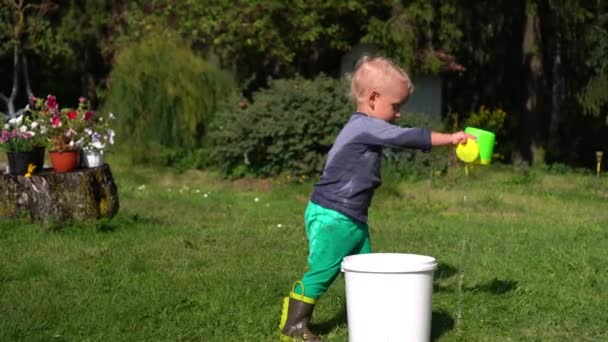 Un niño de dos años juega con agua en el jardín. El niño mojado salpica agua sobre sí mismo — Vídeos de Stock