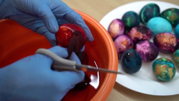 Mano en guantes pintando huevos para el evento de Pascua en su cocina. Primer plano de Gimbal — Vídeo de stock