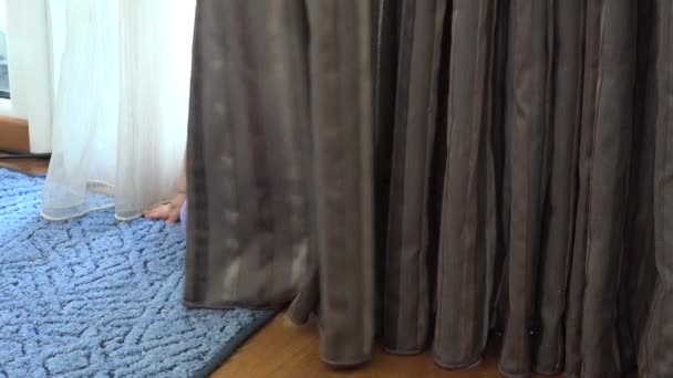 Funny toddler boy playing with curtains. Smiling child play hide and seek — ストック動画