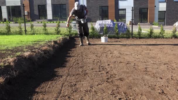 Professional landscaper pouring of chemical fertilizer on townhouse yard — Stock Video