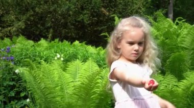 adorable blond kid hold red ripe cherries berries fruits and show finger. Gimbal