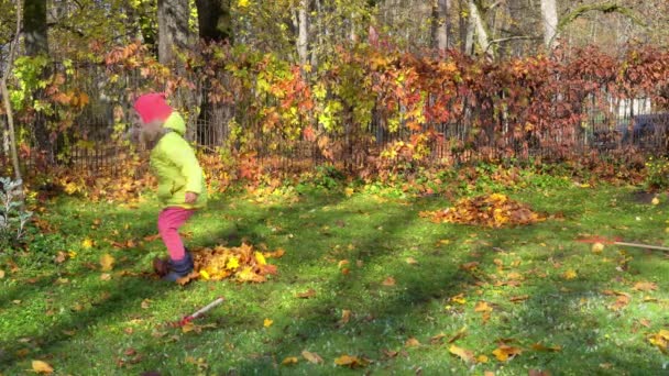 Niña traviesa patea hojas rastrilladas en el jardín. Niño loco jugueteando en el patio — Vídeos de Stock