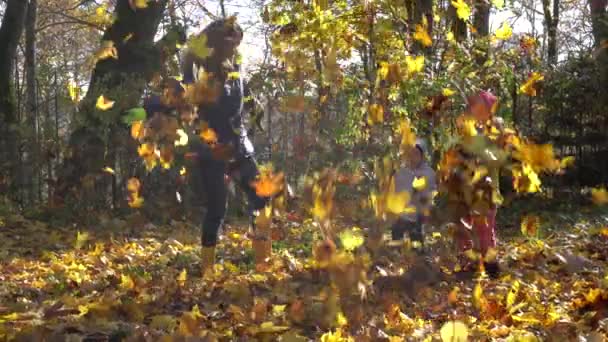 Mamá y sus hijos se divierten jugando en el parque de otoño — Vídeo de stock