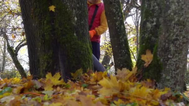 Caucasian worker man working with electric air wind leaf blower machine — Stock Video