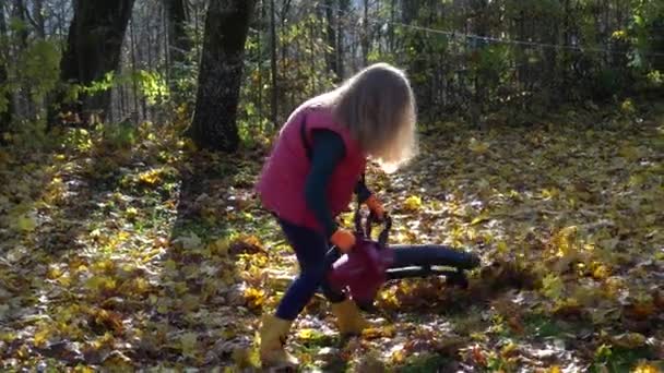 Forte giardiniere ragazza lotta autunno foglie nel suo giardino cortile con soffiatore di foglie — Video Stock