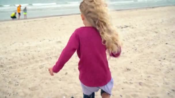 Adorable little girl in violet sweater running through coastline sea shore — Stock Video