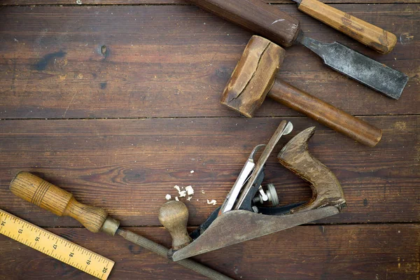 Woodwork Tools Table Flat Lay Overhead — Stock Photo, Image