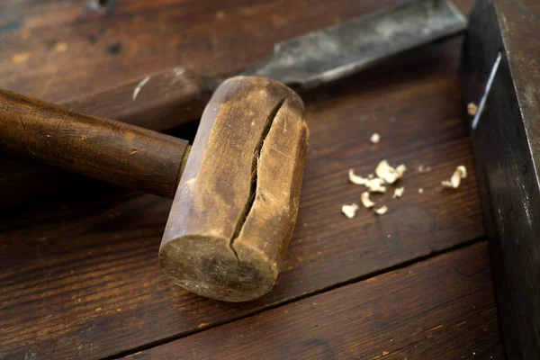 Wooden mallet and chisel for wood