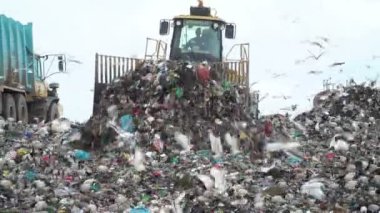 Çöp sahasında çöp taşıyan kamyonlar