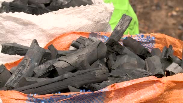 Quema Carbón Una Aldea Rural Africana — Vídeo de stock