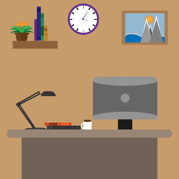 Workspace interior with table and monitor — Stock Vector