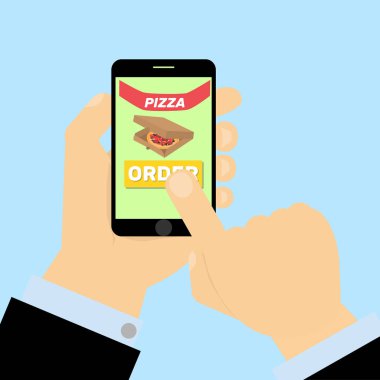 Parmak smartphone üzerinde sipariş pizza düğmeye basmadan