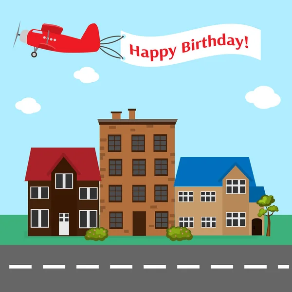 Avião com banner de aniversário feliz — Vetor de Stock