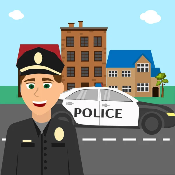 Officier avec voiture de police dans la rue — Image vectorielle