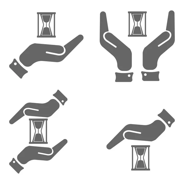 Mãos segurando conjunto ícone de ampulheta — Vetor de Stock