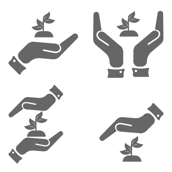 Mãos segurando conjunto de ícones de broto — Vetor de Stock
