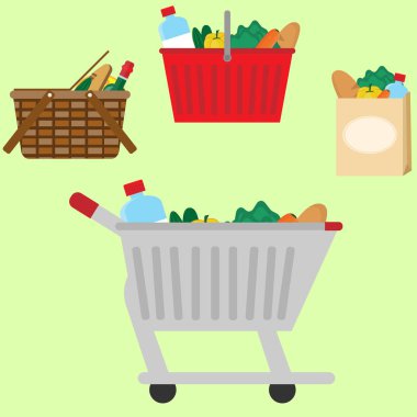 İzole gıda sepeti, arabası ve çanta seti