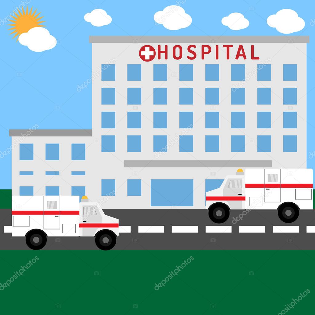 Hospital building with cars