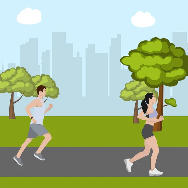 Uomo e donna che corrono nel parco — Vettoriale Stock