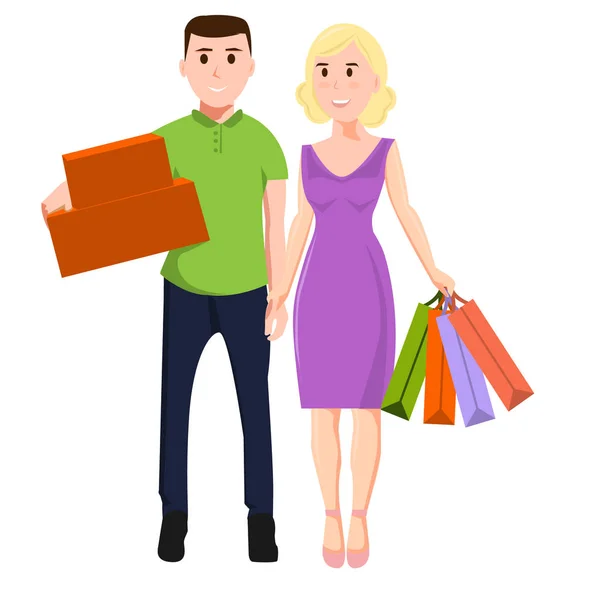 Homem e mulher com compras. Compras familiares Gráficos Vetores