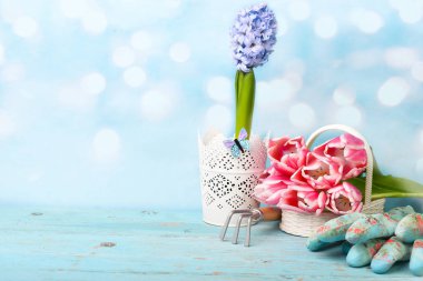 Ahşap arka plan üzerinde bitki araçlarıyla Bahçe