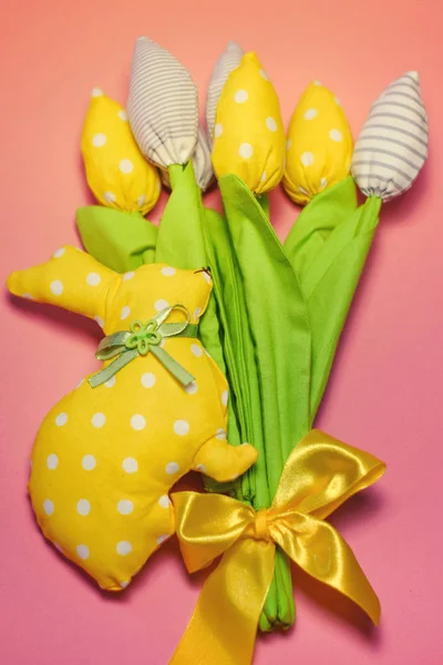 Spring Background. Bouquet Of Toy Yellow Tulips On White