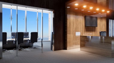 Boş ofis. Güneşli morning.3d işleme