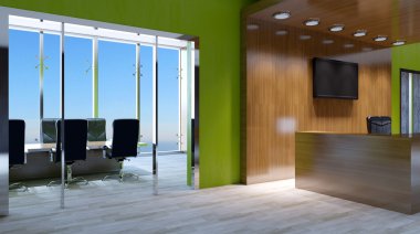 Boş ofis. Güneşli morning.3d işleme