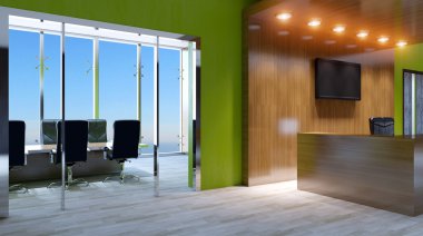 Boş ofis. Güneşli morning.3d işleme