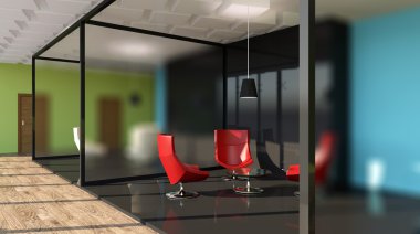 Dağlık modern ofis iç. 3D render.