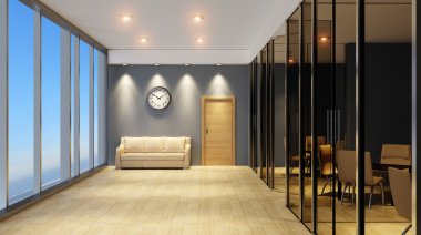 Dağlık modern ofis iç. 3D render.