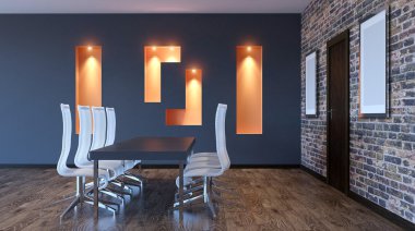 Dağlık modern ofis iç. 3D render.