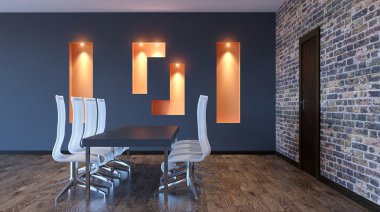 Dağlık modern ofis iç. 3D render.