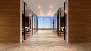  Dağlık modern ofis iç. 3D render.