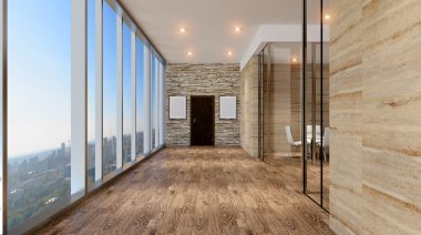  Dağlık modern ofis iç. 3D render.