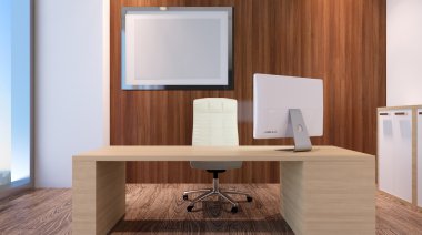 Dağlık modern ofis iç. 3D render.