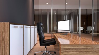 Dağlık modern ofis iç. 3D render.