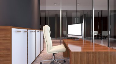 Dağlık modern ofis iç. 3D render.