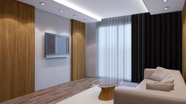 Ζεστή γωνιά σε ένα σπίτι. Εσωτερικό σαλόνι. 3D ενοικιαζομένων — Φωτογραφία Αρχείου