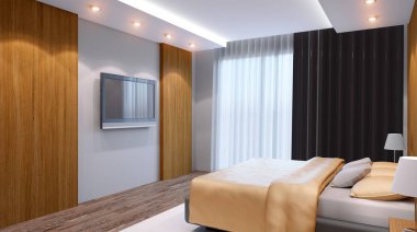 Ormanın içinde yatak odalı ev. 3D iç işleme.