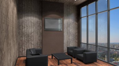 bir konut ev rahat köşede. İç oturma odası. 3D parçalamak