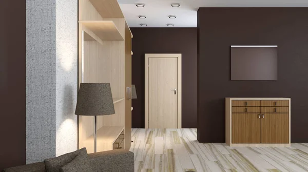 Interior moderno de um pequeno apartamento. No corredor. Renderização 3D — Fotografia de Stock