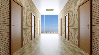 Ofis Binası koridorunda. 3D render