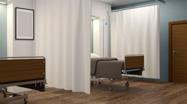 Hastane koğuşunda. İç Oda hastanede. 3D render