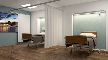 Hastane koğuşunda. İç Oda hastanede. 3D render
