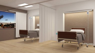 Hastane koğuşunda. İç Oda hastanede. 3D render