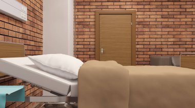 Hastane koğuşunda. İç Oda hastanede. 3D render