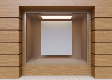 Alay mağaza sokak vitrin penceresinin bir şehirde kadar boş. 3D parçalamak